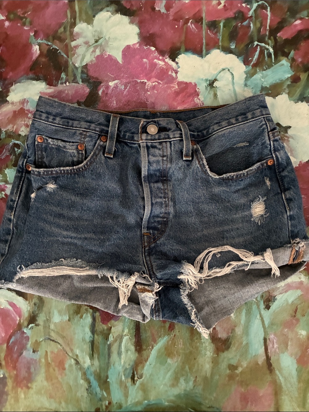 Levi's 501 Dark Blue Distressed Denim Cutoff Shorts